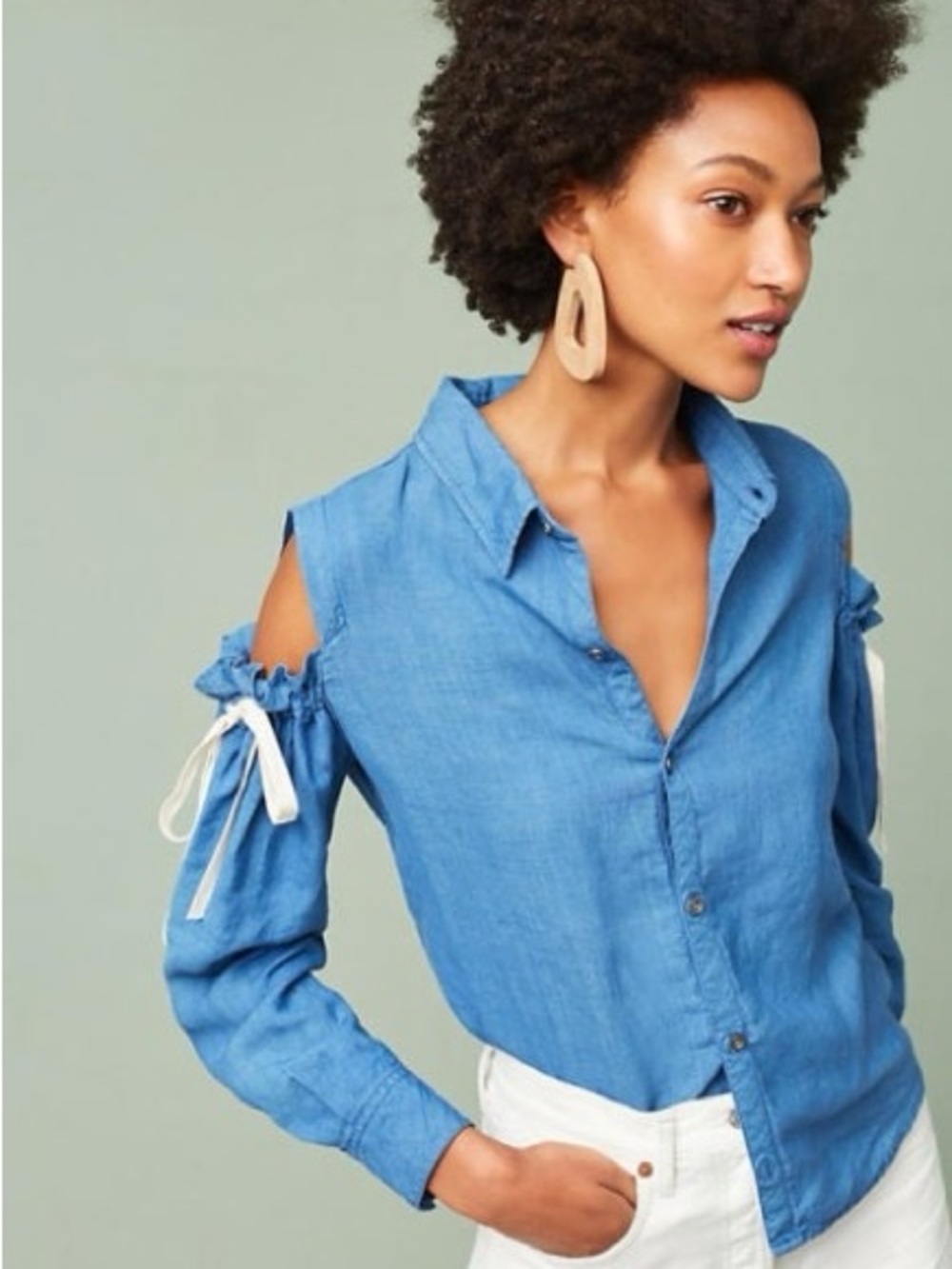 Rails Chambray Cold Shoulder Button Down